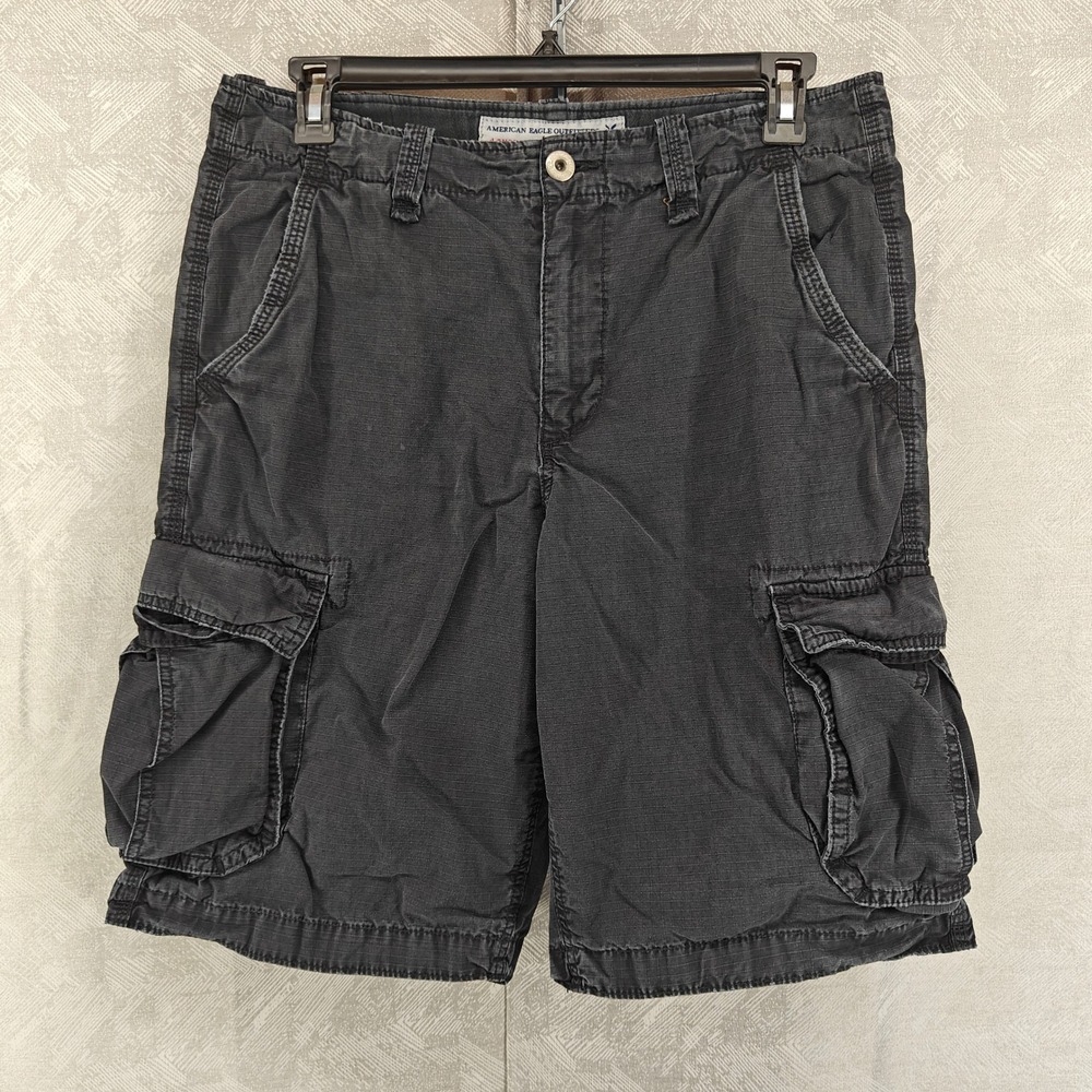 American Eagle Cargo Shorts Mens 33 Black Longboard Ripstop Cotton Gorpcore